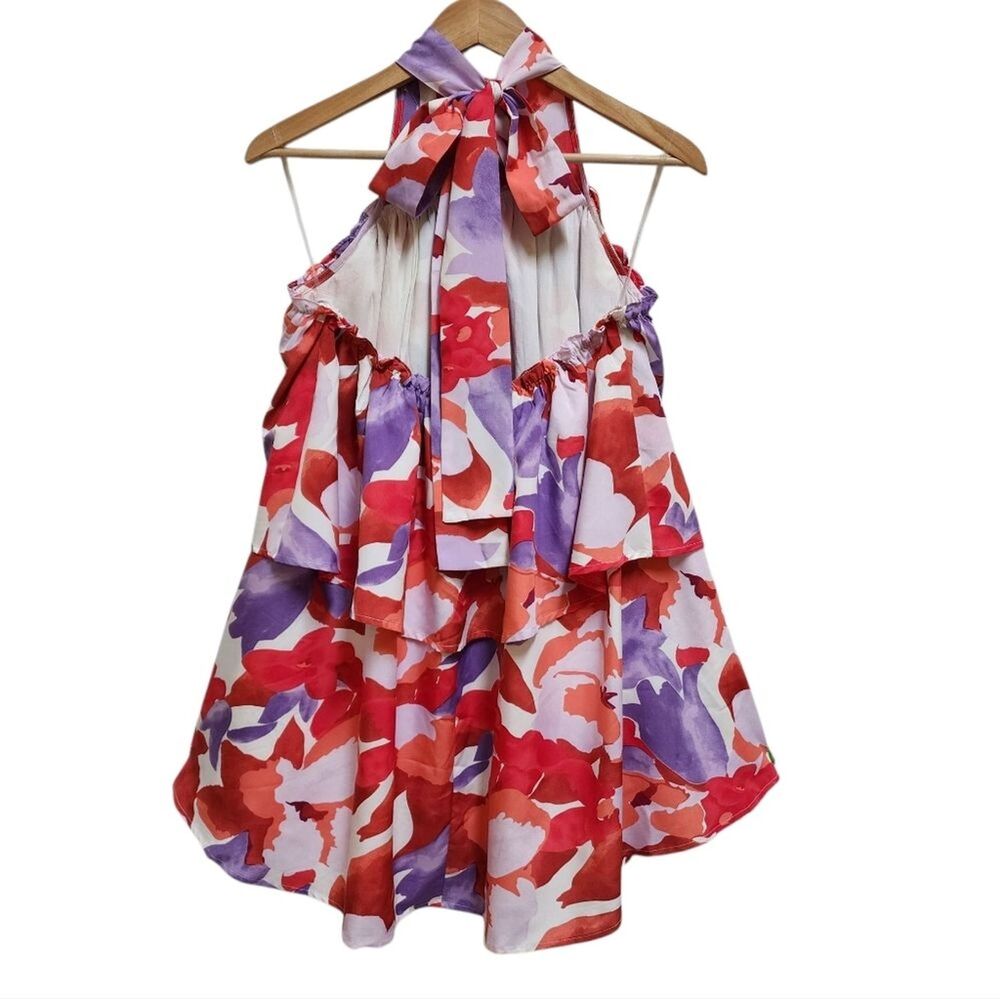 Entro  Red Purple Abstract Floral Halter Mini Layered Flared Dress Size L Beach - Picture 4 of 15